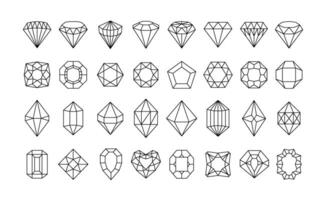 Linear diamond icons. Crystal gems, luxury gemstones and jewels diamonds outline. Brilliant gem, faceted precious stones minimal geometric style shapes set with editable stroke paths vector