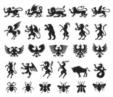 Heraldic silhouettes. Stencil mythical creatures, animals and insects. Fantasy dragon, magical unicorn, royal lion, bird, deer and bull. Coat of arms supporters, emblem creation set vector