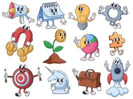 Startup mascots. Cartoon business characters of megaphone, calendar, idea light bulb, gear, money magnet, coin plant, pie chart, puzzle piece, target, unicorn, briefcase and rocket launch set vector