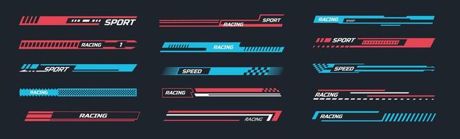 Racing car stripe decal. Dynamic sports labels and speed banner stickers with fast lines, checkered flag and abstract graphics. Isolated template set vector