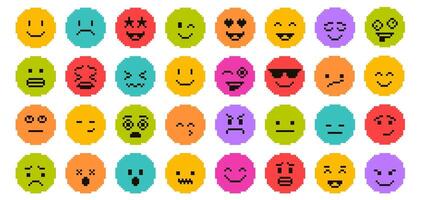 Pixel art faces. Retro pixelated emojis, colorful 8 bit emoticons with various facial expressions including happiness, sadness, anger, surprise and more. Minimal emoji icons set vector