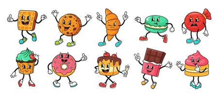 Retro dessert character. Cartoon sweets mascots, smiling cookie, playful waffle, croissant and tasty macaron. Cute cupcake, funny donut, chocolate bar and cake, rubber hose style set vector