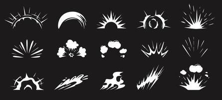 Cartoon surface explosion shapes. Explosive burst icons, dynamic blast with smoke cloud, power splash and impact symbols stencil silhouettes set vector