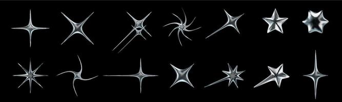 Liquid chrome star icons. Shiny starburst shapes, metallic Y2K spark, retro futuristic glossy 3D stars with liquid metal effect isolated elements set vector
