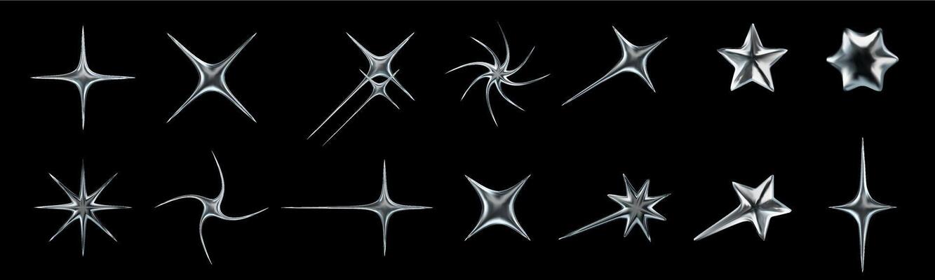 Liquid chrome star icons. Shiny starburst shapes, metallic Y2K spark, retro futuristic glossy 3D stars with liquid metal effect isolated elements set