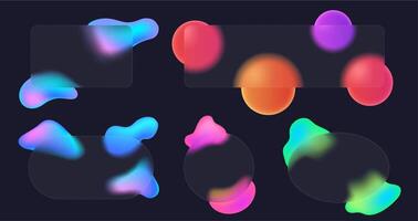 Glassmorphism frames. Translucent glass panels with colorful fluid shape gradient and blurry overlay effect. Semi transparent backgrounds with fluid design elements set vector