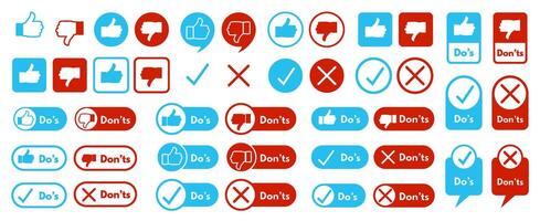 Do's and Don'ts symbols. Thumbs up and thumbs down icons, checkmarks and crosses for approval and disapproval with speech bubbles and label frames set vector