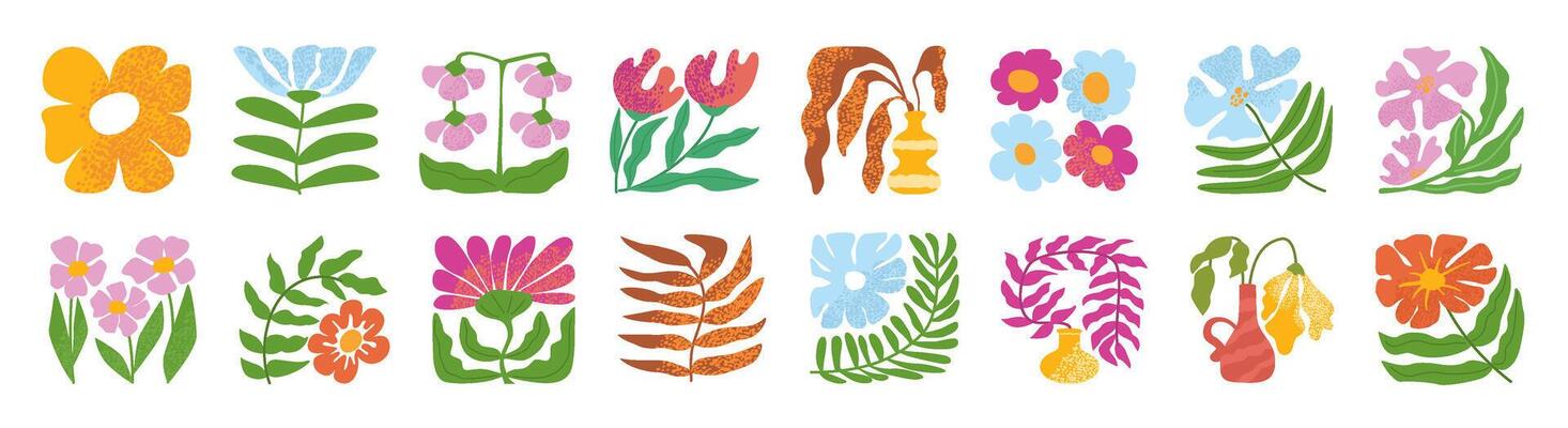 Abstract square flowers. Colorful blooming plant and textured flower motifs. Modern floral tile designs with hand drawn leaves. Botanical illustrations set