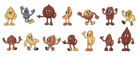 Retro nut mascot. Groovy nuts, happy beans and seeds characters in rubber hose cartoon animation style. Isolated illustrations set vector