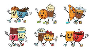 Cartoon coffee and dessert couples. Retro mascot pairs of sweets and coffee cups. Espresso and croissant, chocolate bar and cake with coffee to go, waffle and cookie with drinks set vector