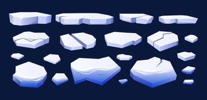 Cartoon floating ice. Antarctic floes pieces and various shapes of glaciers. Frozen arctic blocks of ice in cold water isolated illustrations set vector