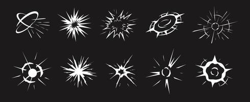 Explosion burst cartoon effect. Dynamic blast rays, exploding energy sparks, round bomb explode and circle boom visual. Abstract radial explosions stencil silhouettes set vector