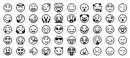 Pixel art emoji faces. Pixelated emoticon icons with different facial expressions, retro arcade gaming 8 bit happy and sad emotions. Stencil monochrome smiles set vector