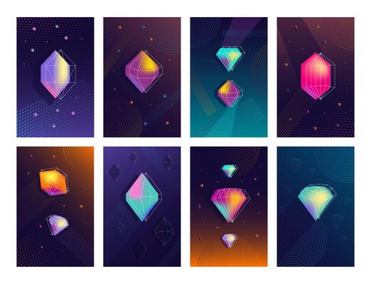 Abstract diamond posters. Geometric polygonal crystal gemstones backgrounds with diamond shapes wireframes. Futuristic jewelry cards set