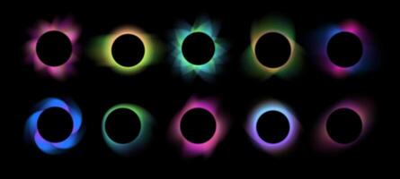 Blurred gradient circle frames. Colorful glowing circular effects, abstract total eclipse with blurry gradient glow and circle with dynamic backlit rays isolated set vector