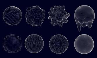 Dotted 3d sphere. Spherical forms, distorted and melted spheres with dot patterns. Abstract volumetric shapes with geometric wireframe dots isolated set vector