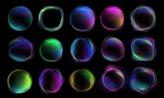 Abstract glowing gradient spheres. Colorful bubbles, digital circular shapes with flowing gradients and glow effects. Creative round fluid form backgrounds with blurry gradient mesh set vector