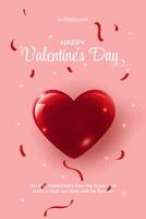 Valentine's Day Poster Greeting Card Background With Shiny Heart And Confetti. vector