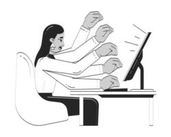 Stressed arab woman working on computer doodle linear character. Female corporate employee hurrying up with tasks 2D outline person isolated. Hand drawn drawing illustration monochrome vector