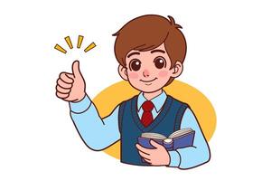 A student holding a book in one hand and raising a thumb up with the other hand. vector