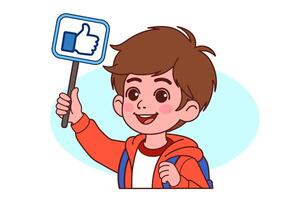 The boy is holding up a sign with a like symbol. vector