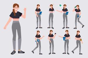 Set of business or student woman character in casual clothes in various poses. Cute girl impressed, worry, panic, explaining, presentation, uses the phone. illustration in flat style vector