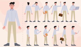 A set of different types and expression of characters. A young man with glasses from various angles. Views from the front, side, back, and frontal. illustration in a flat style vector