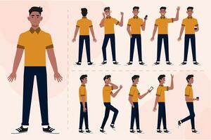 Set of black guy male character in different poses, angle, expression. A man in front, back, side view with headphone, smartphone, cup of coffee, walks, say hallo. illustration in flat style vector