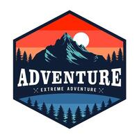 Adventure badge, label or emblem in retro style with mountains, forest and sun vector