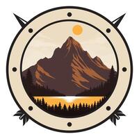 Mountain and lake in a round badge on a white background. vector