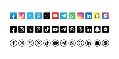 Social media network logotype icons set. Popular social applications with Square, round, outline shapes. Facebook, Instagram, YouTube, WhatsApp, TikTok, X, Twitter, Snapchat, LinkedIn. vector