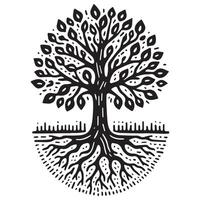 a black and white illustration of a tree with roots vector