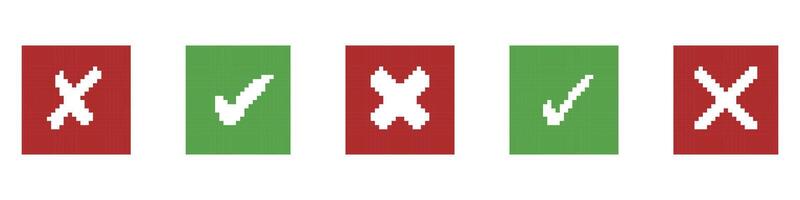 Pixelated Green Check Marks and Red X icons Set in Squares. Approval and Error Sign Collection for Retro UI Design. Success and Failure Sign. Isolated Illustration vector