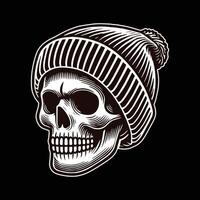 Skull Head With Beanie Hat Design Illustration. vector