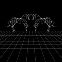 Horse polygonal lines on the Synthwave vaporwave, perspective grids, wireframe landscape background, laser grid in deep space. Pair Horse vector