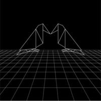 Bird polygonal lines on the Synthwave vaporwave, perspective grids, wireframe landscape background, laser grid in deep space, pair vector