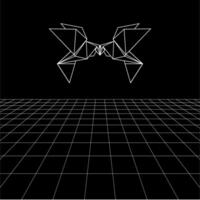 Bird polygonal lines on the Synthwave vaporwave, perspective grids, wireframe landscape background, laser grid in deep space. Pair bird vector