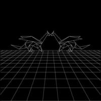 Dragon polygonal lines on the Synthwave vaporwave, perspective grids, wireframe landscape background, laser grid in deep space, pair vector