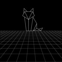 Fox polygonal lines on the Synthwave vaporwave, perspective grids, wireframe landscape background, laser grid in deep space. BW vector