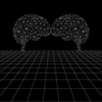 Brain polygonal lines on the Synthwave vaporwave, perspective grids, wireframe landscape background, laser grid in deep space. vector