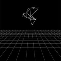 Bird polygonal lines on the Synthwave vaporwave, perspective grids, wireframe landscape background, laser grid in deep space. BW vector