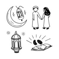 Doodle Set with Crescent Moon and Lanterns for Islamic Design vector