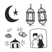 Islamic Doodle Set with Crescent Moon and Lanterns vector