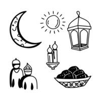 Doodle Set with Crescent Moon and Lanterns for Islamic Decoration vector