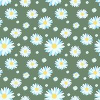 Seamless Pattern with Chamomile in Flat Style on Green Background. Simple Design with Spring Daisy Flowers. Floral Print with White Flowers. Concept for Fashion Print, Modern Textile. vector