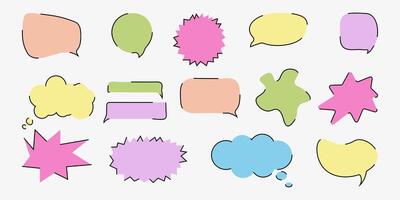 Speech Bubble Set in Doodle Style. Multicolored Line Art Chat Balloon. Cute Frame speech bubble Collection. Hand Drawn Blocks for Text Box Different Shapes. Dialogue Set in Cartoon Style. vector