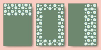 Set Spring Templates with Daisy in Flat Style on Green Background. Simple Design with Spring Flowers Daisy. Floral Print with White Flowers. Concept for Fashion Border, Banner, Poster, Sale, Web vector