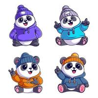Panda wearing jacket and head warmer, package design vector