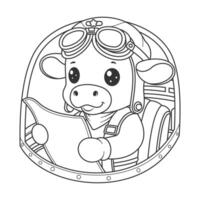 A cute cow pilots a plane and reads maps for coloring vector