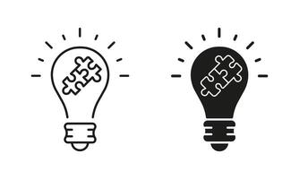 Success Innovation, Inspiration, Idea Concept, Puzzle in Lightbulb Line and Silhouette Icon Set. Invention Strategy Symbol Collection. Editable Stroke. Isolated Illustration vector